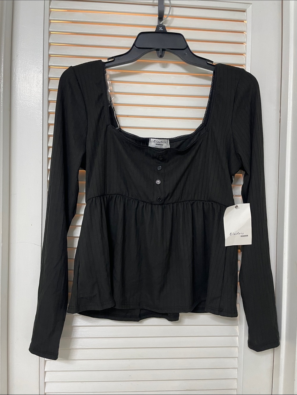 Electric Family Black Long-Sleeve Square Neck Peplum Blouse